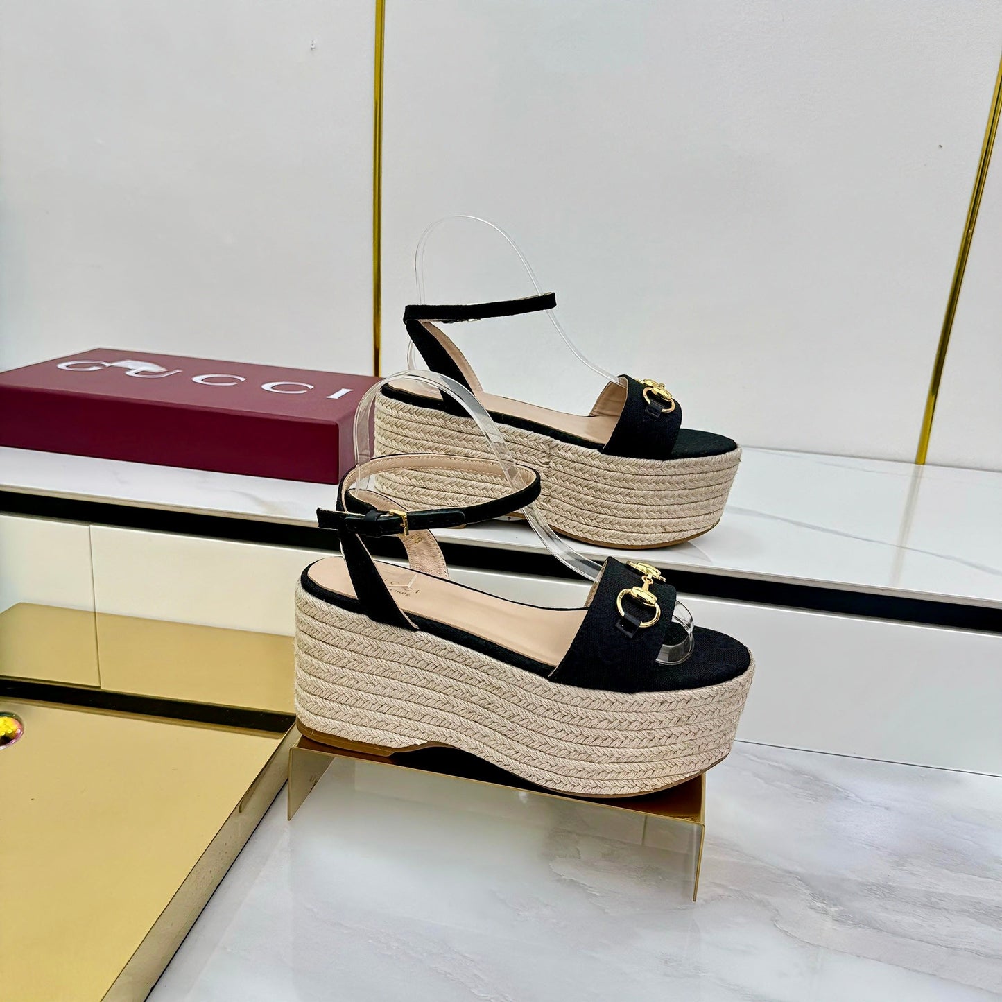 GG HIGH WEDGE SANDALS IN BLACK FABRIC AND RAFFIA WITH GOLD HARDWARE - 36