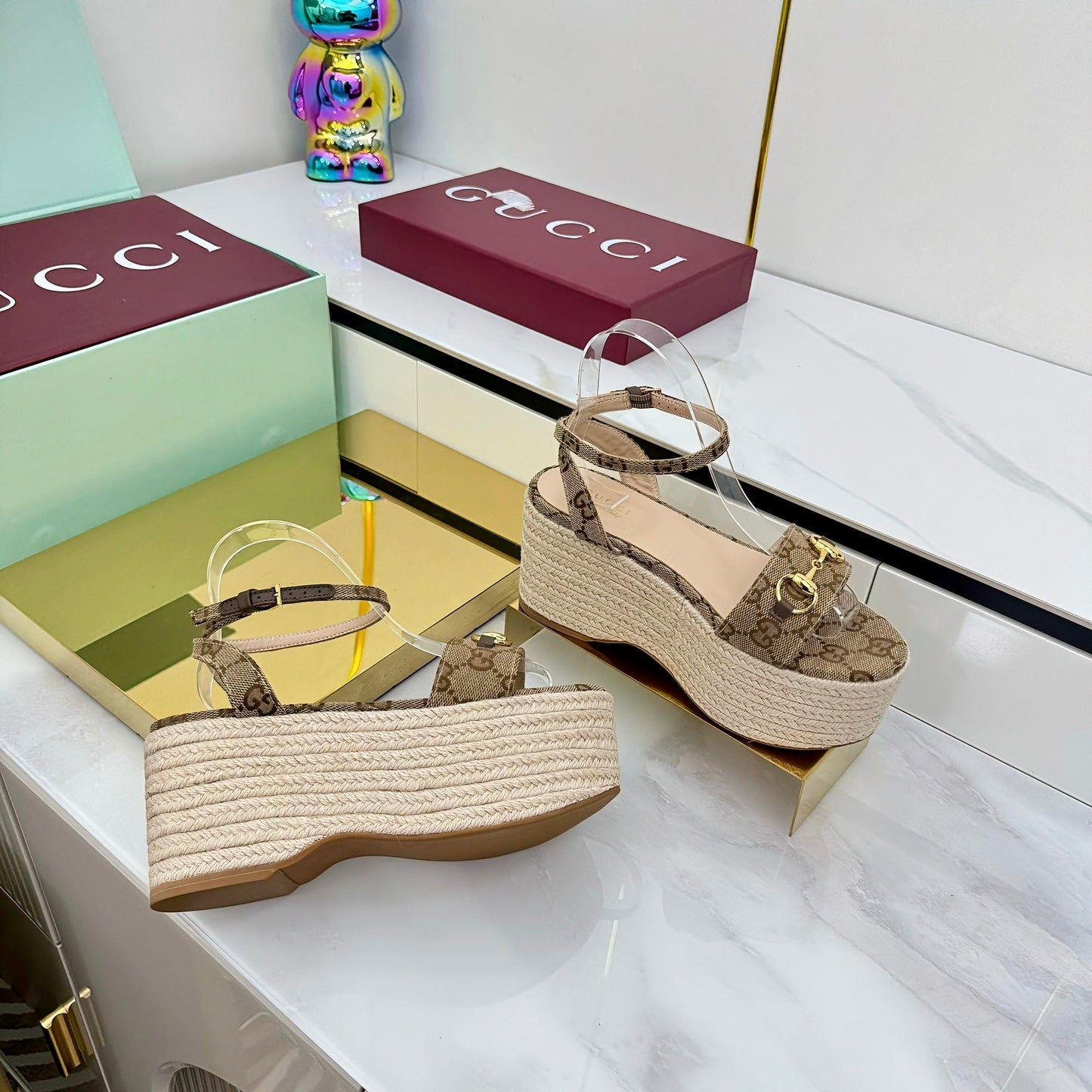 GG HIGH WEDGE SANDALS IN DARK BEIGE FABRIC AND RAFFIA WITH GOLD HARDWARE - 36