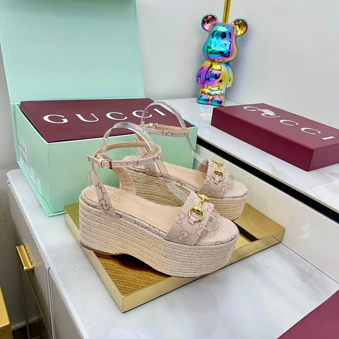 GG HIGH WEDGE SANDALS IN NUDE BEIGE FABRIC AND RAFFIA WITH GOLD HARDWARE - 36