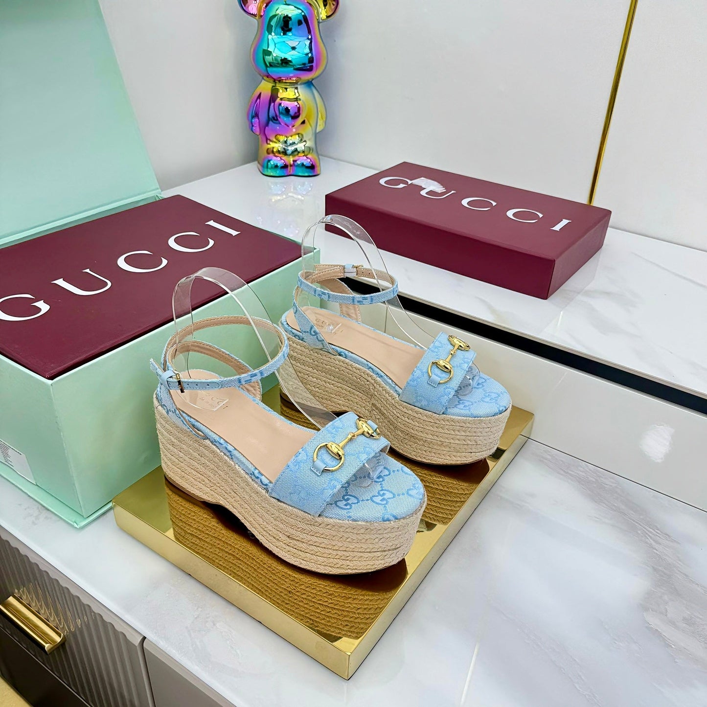 GG HIGH WEDGE SANDALS IN BLUE FABRIC AND RAFFIA WITH GOLD HARDWARE - 36
