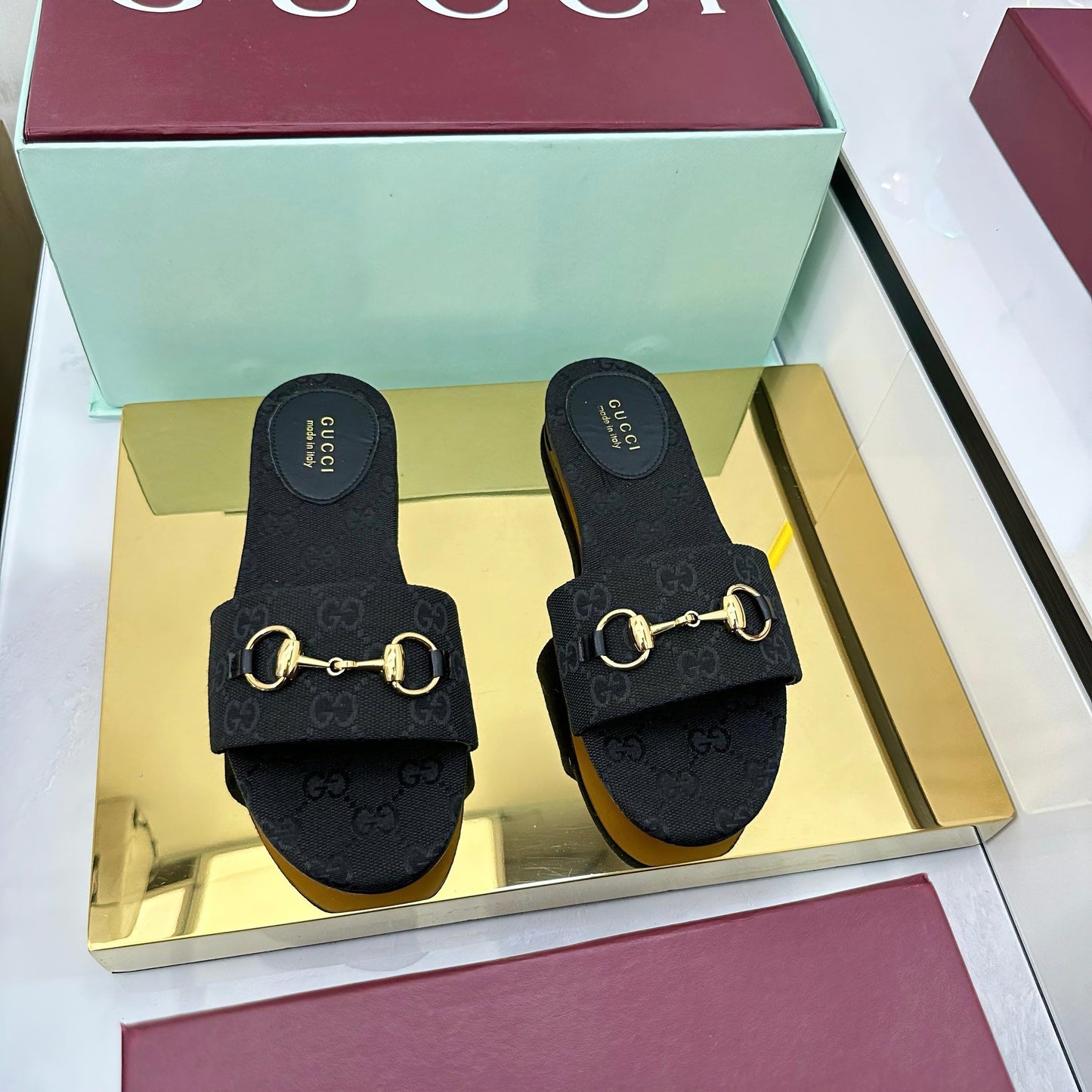 GG SLIDES IN BLACK WITH GOLD HARDWARE - 36
