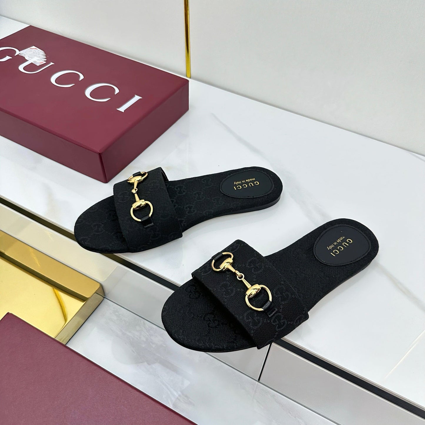 GG SLIDES IN BLACK WITH GOLD HARDWARE - 36