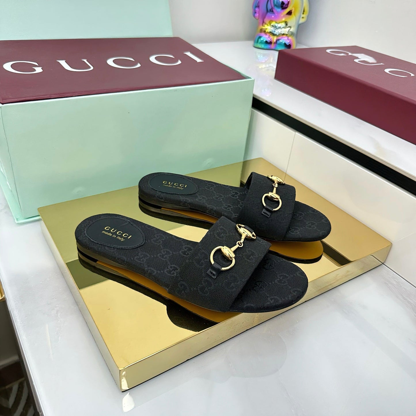 GG SLIDES IN BLACK WITH GOLD HARDWARE - 36