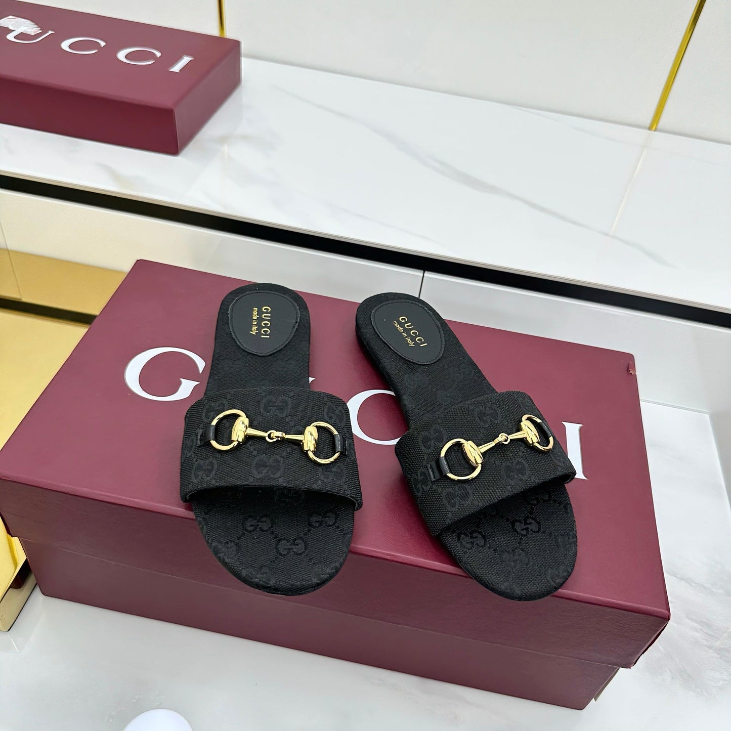 GG SLIDES IN BLACK WITH GOLD HARDWARE - 36