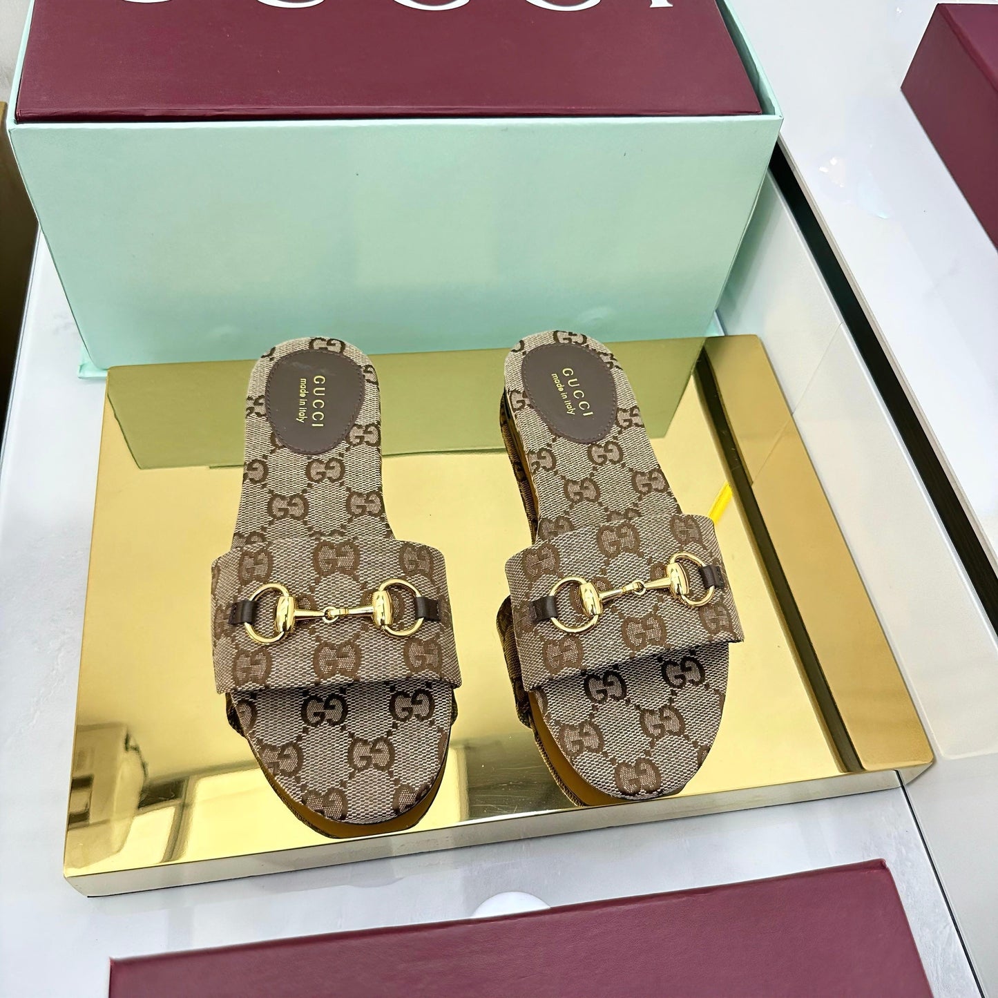 GG SLIDES IN DARK BEIGE WITH GOLD HARDWARE - 36