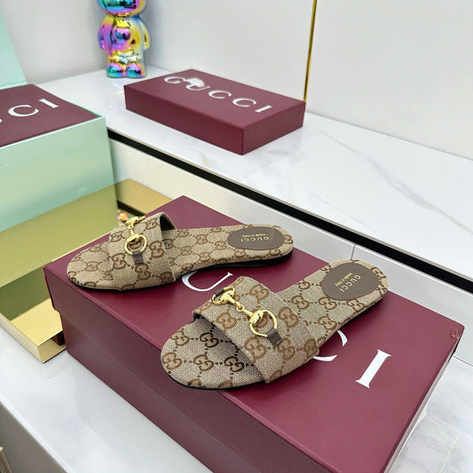 GG SLIDES IN DARK BEIGE WITH GOLD HARDWARE - 36