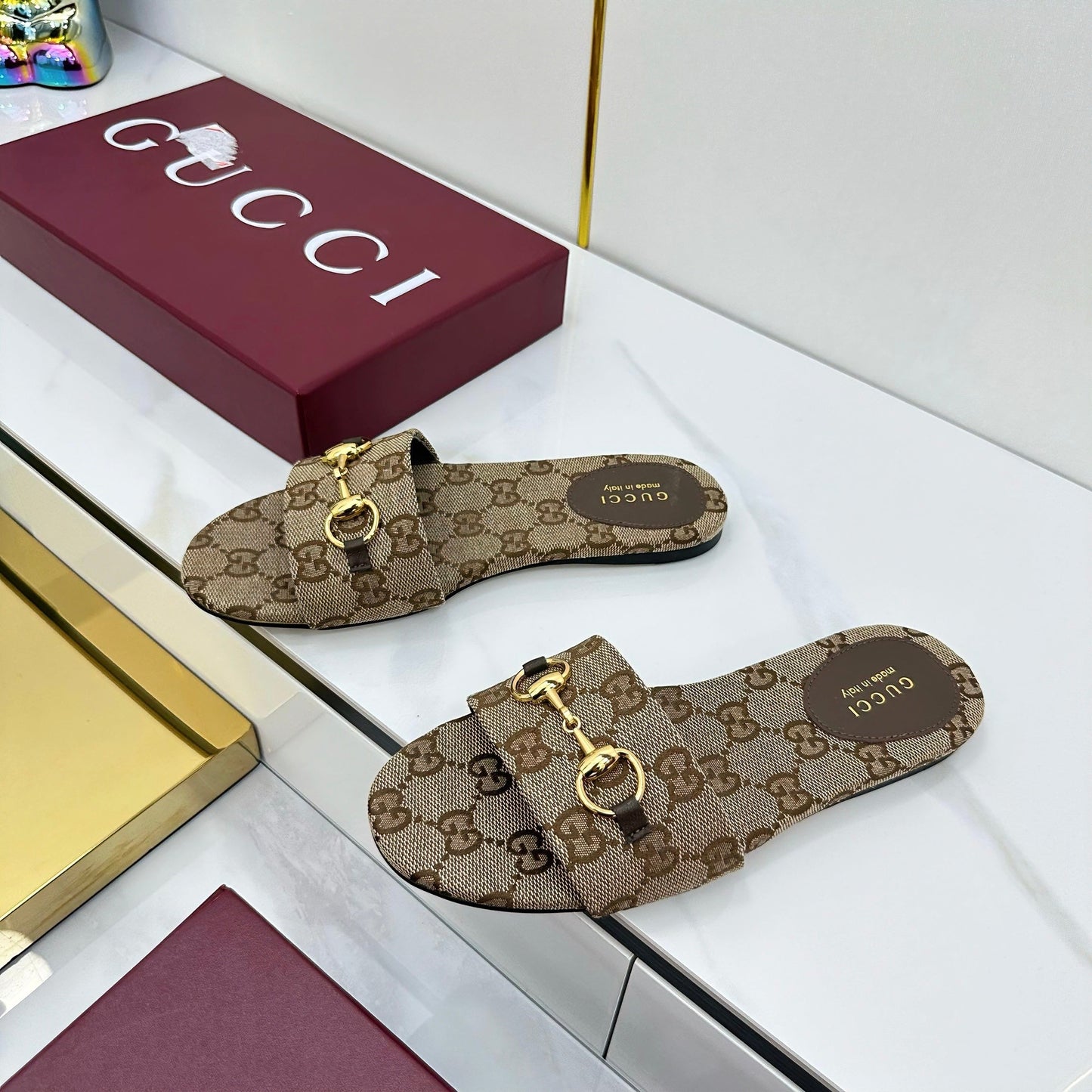 GG SLIDES IN DARK BEIGE WITH GOLD HARDWARE - 36