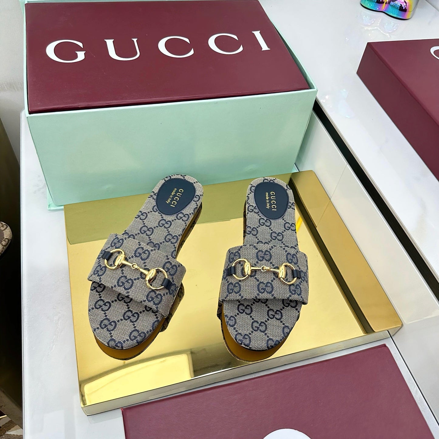 GG SLIDES IN STONE GREY WITH GOLD HARDWARE - 36