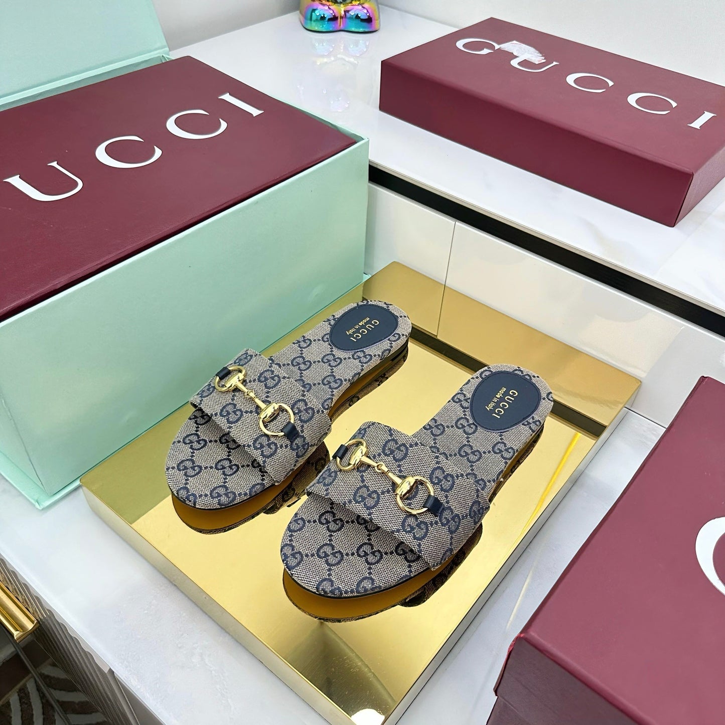 GG SLIDES IN STONE GREY WITH GOLD HARDWARE - 36