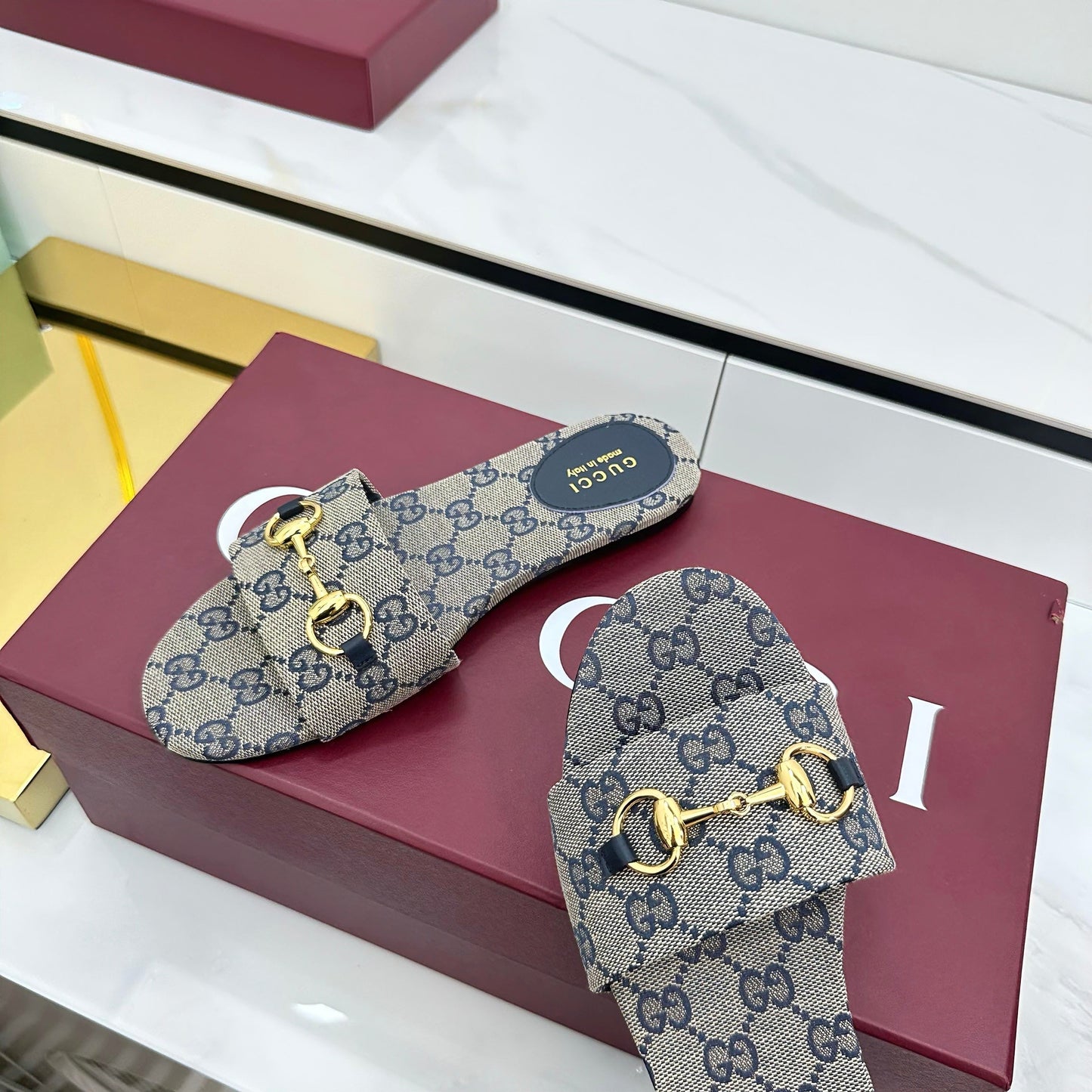 GG SLIDES IN STONE GREY WITH GOLD HARDWARE - 36