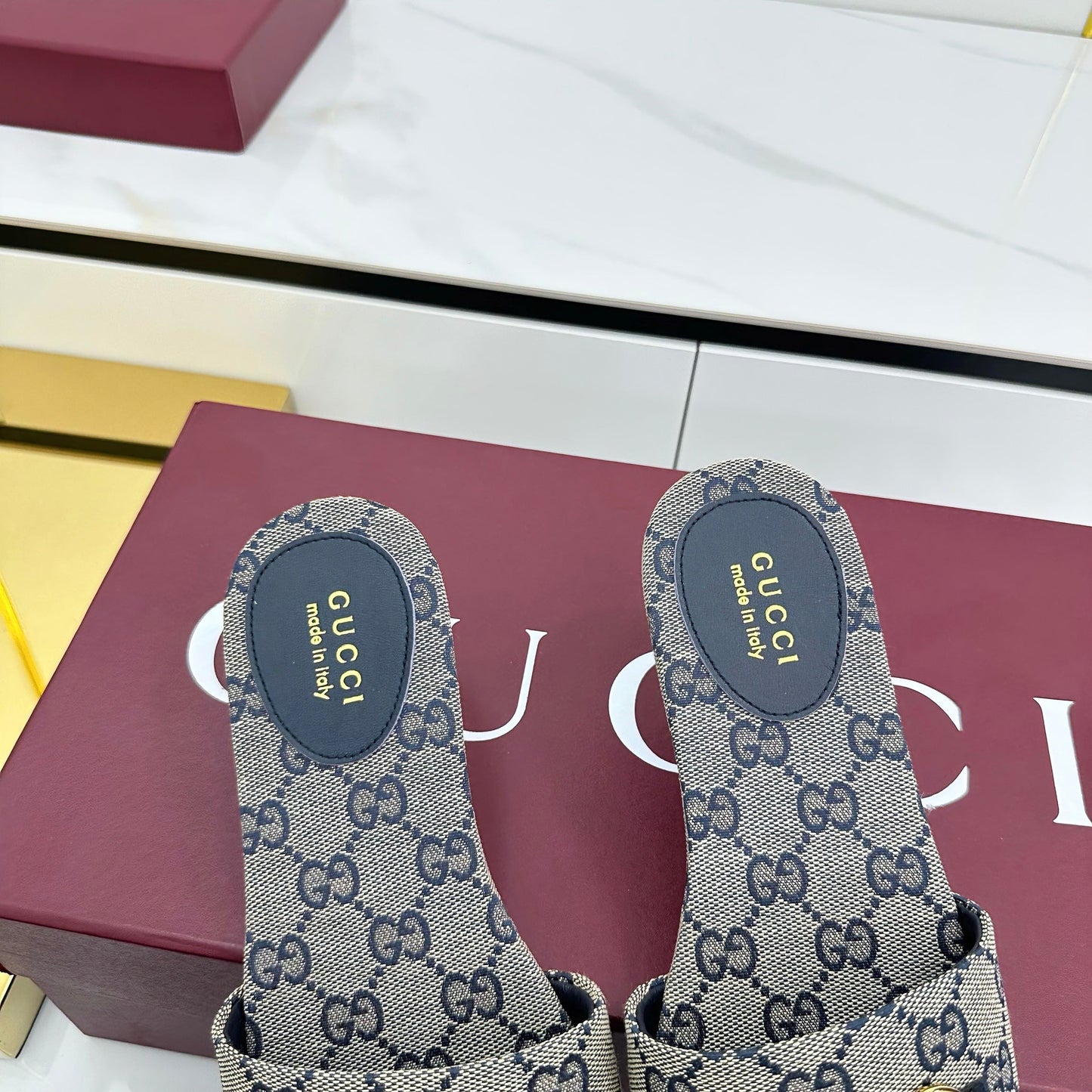 GG SLIDES IN STONE GREY WITH GOLD HARDWARE - 36