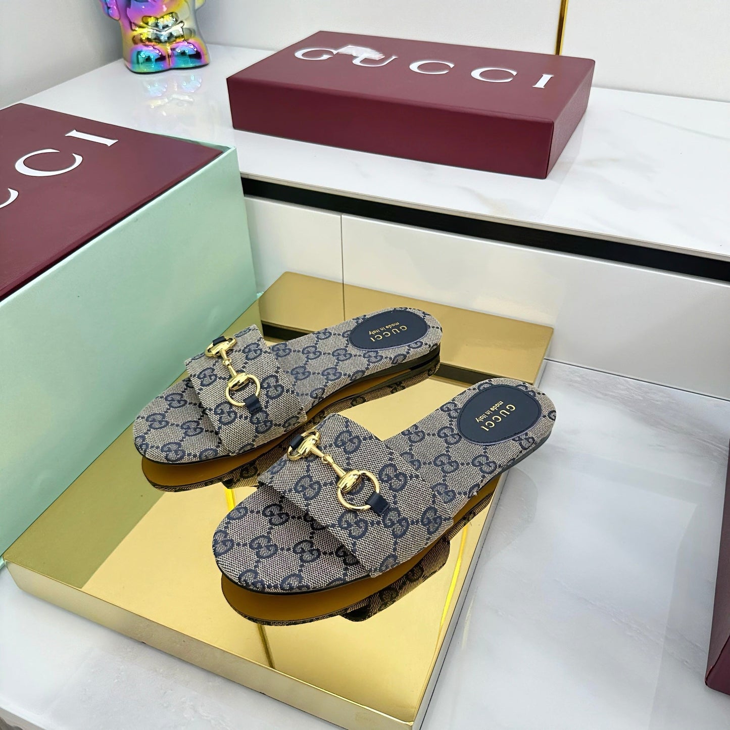 GG SLIDES IN STONE GREY WITH GOLD HARDWARE - 36