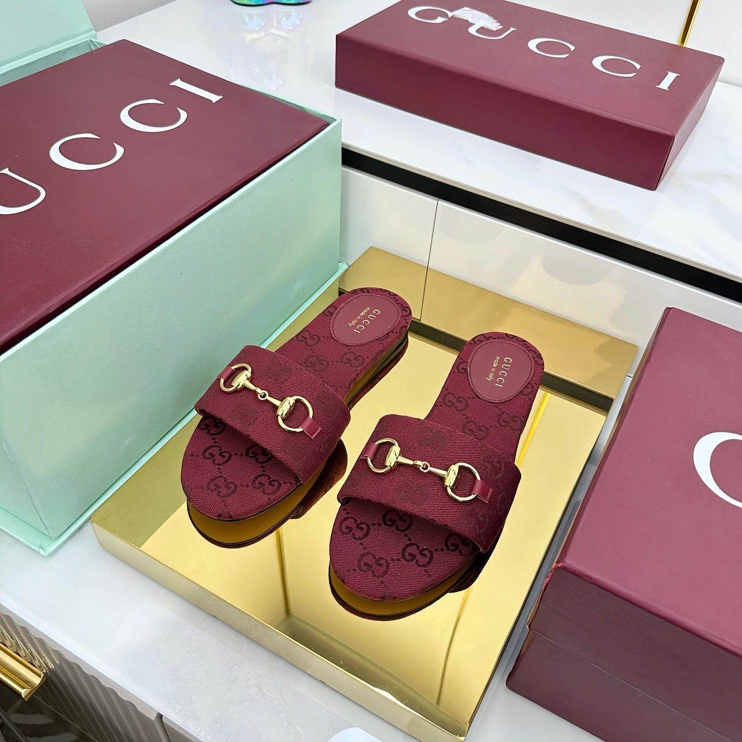 GG SLIDES IN RED WITH GOLD HARDWARE - 36