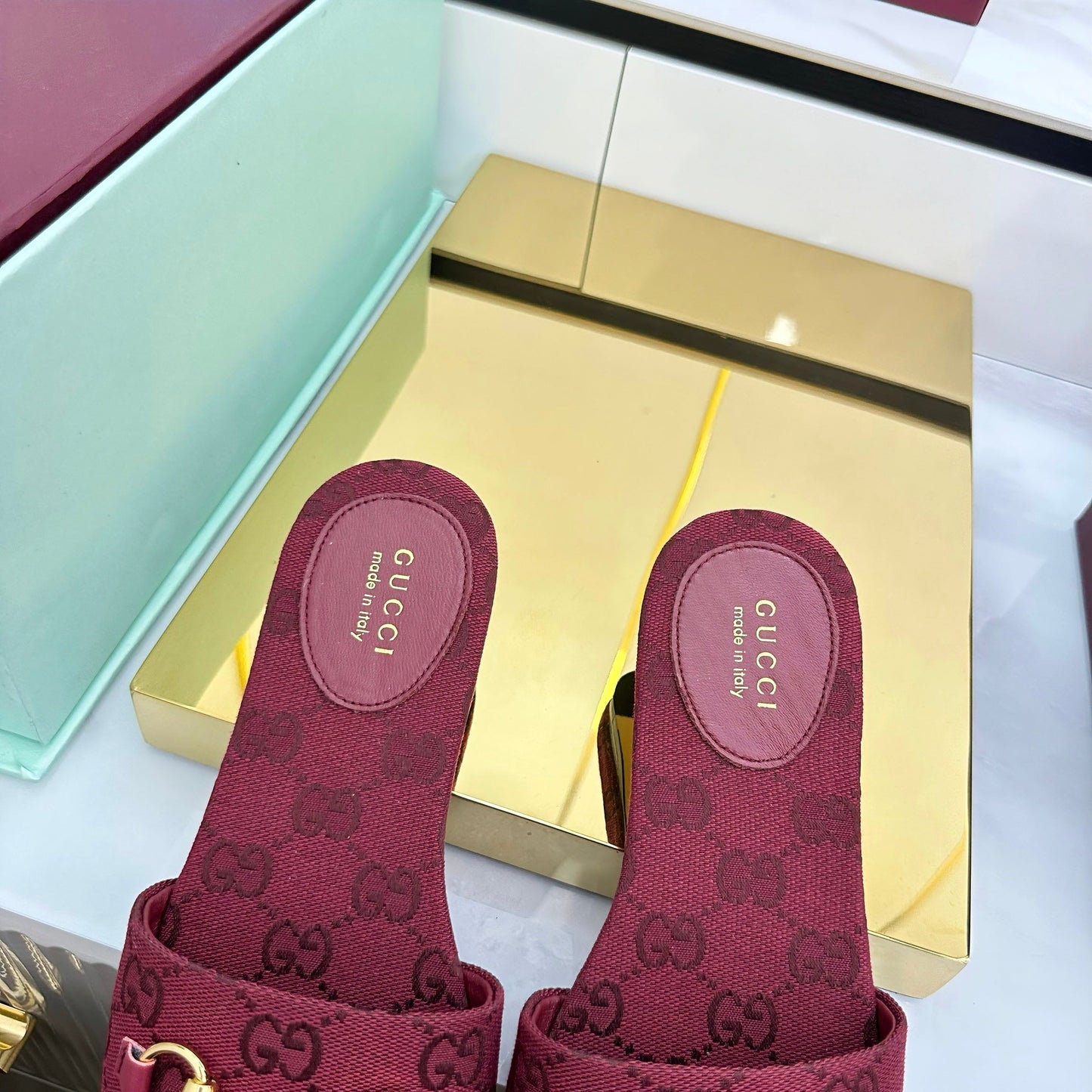 GG SLIDES IN RED WITH GOLD HARDWARE - 36
