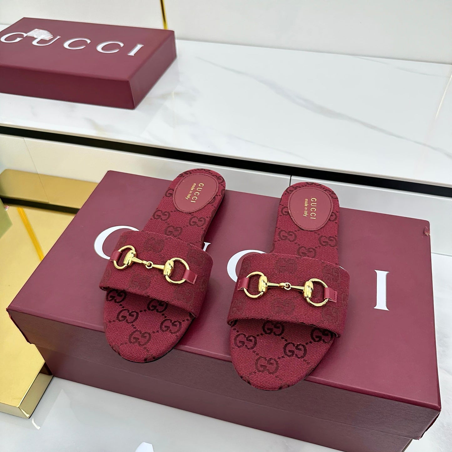 GG SLIDES IN RED WITH GOLD HARDWARE - 36