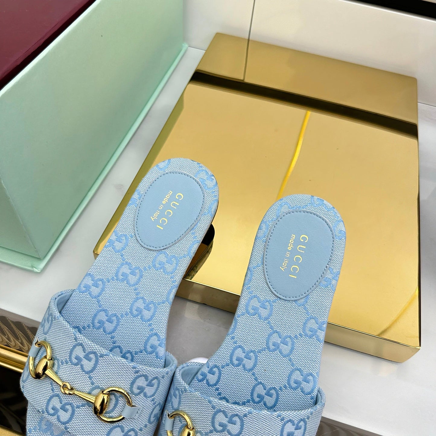 GG SLIDES IN BLUE WITH GOLD HARDWARE - 36