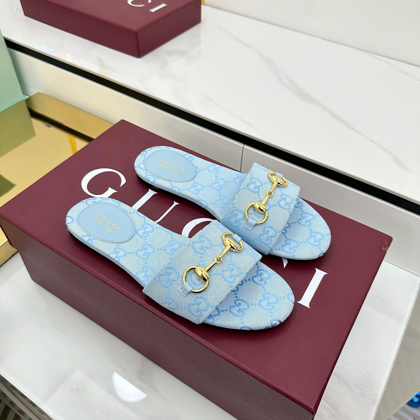 GG SLIDES IN BLUE WITH GOLD HARDWARE - 36