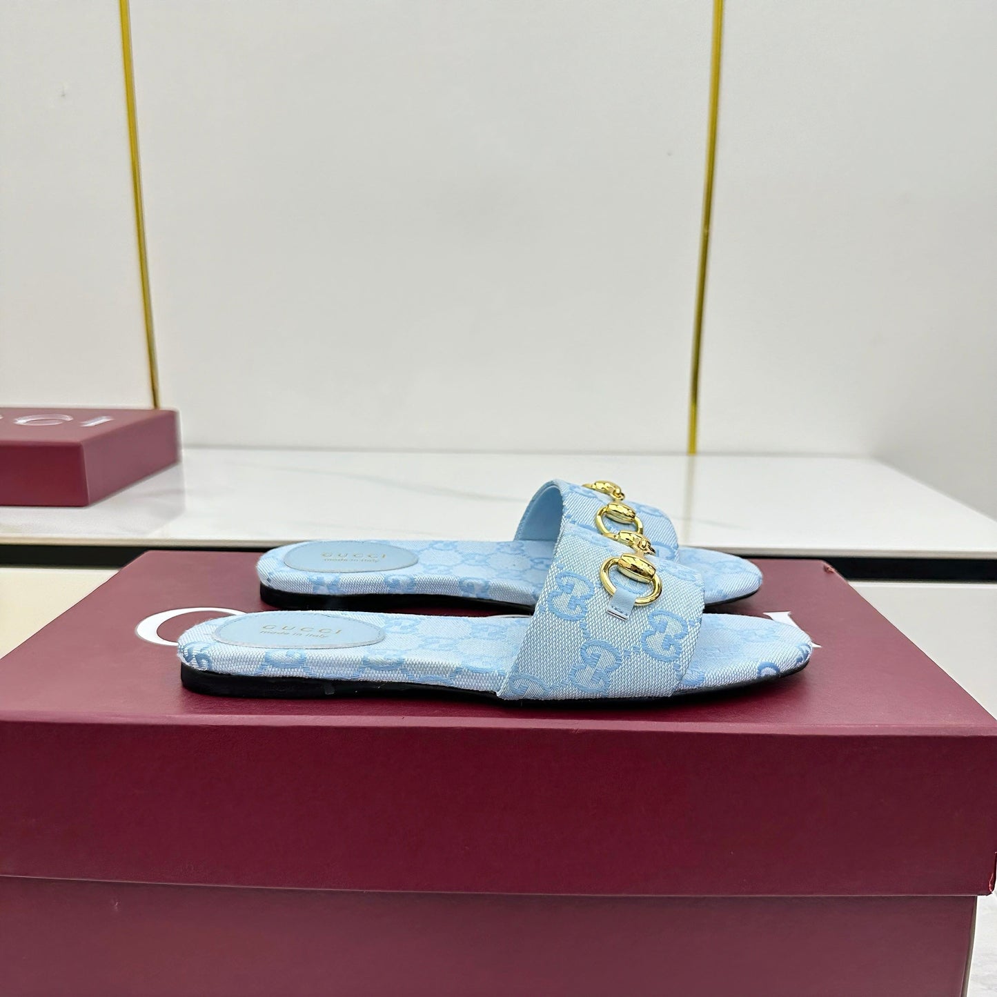 GG SLIDES IN BLUE WITH GOLD HARDWARE - 36