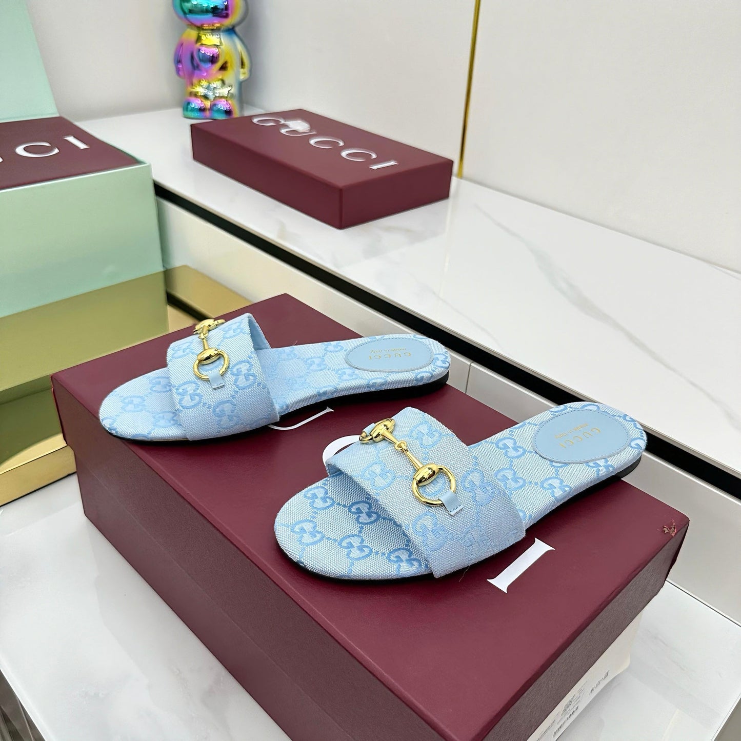 GG SLIDES IN BLUE WITH GOLD HARDWARE - 36