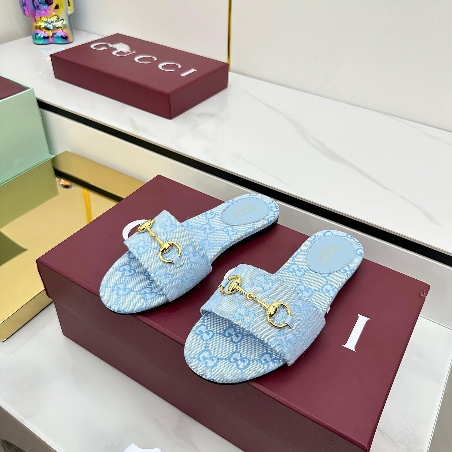 GG SLIDES IN BLUE WITH GOLD HARDWARE - 36