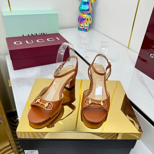 GG HEELED SANDALS 25S 65 MM IN BROWN LAMBSKIN WITH GOLD HARDWARE - 35