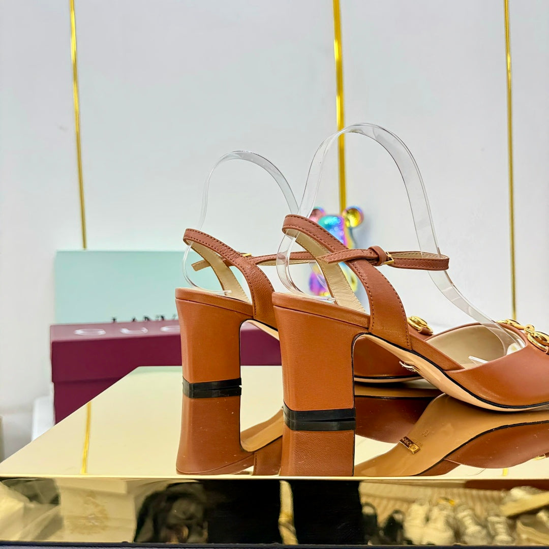 GG HEELED SANDALS 25S 65 MM IN BROWN LAMBSKIN WITH GOLD HARDWARE - 35