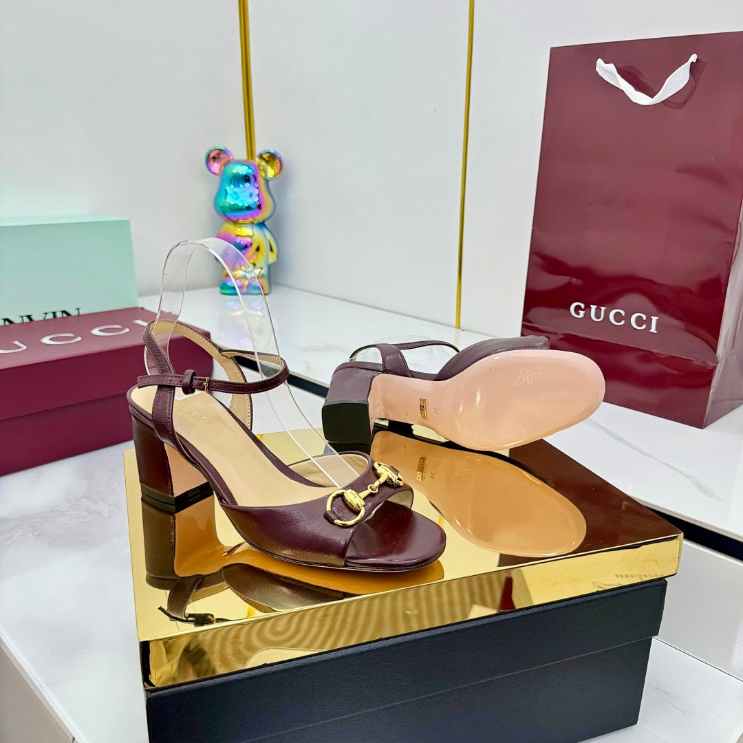 GG HEELED SANDALS 25S 65 MM IN DARK RED LAMBSKIN WITH GOLD HARDWARE - 35