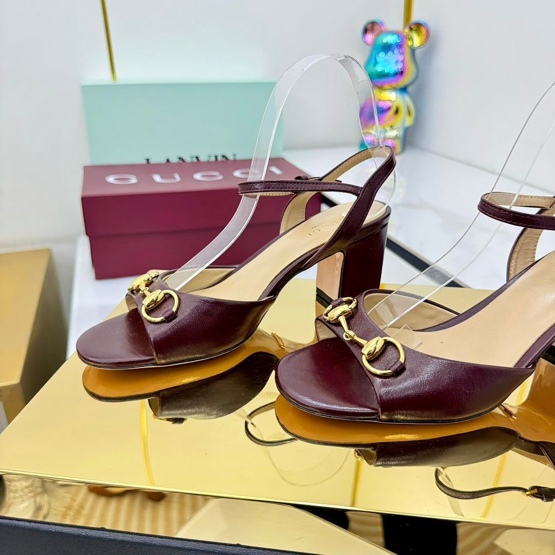 GG HEELED SANDALS 25S 65 MM IN DARK RED LAMBSKIN WITH GOLD HARDWARE - 35