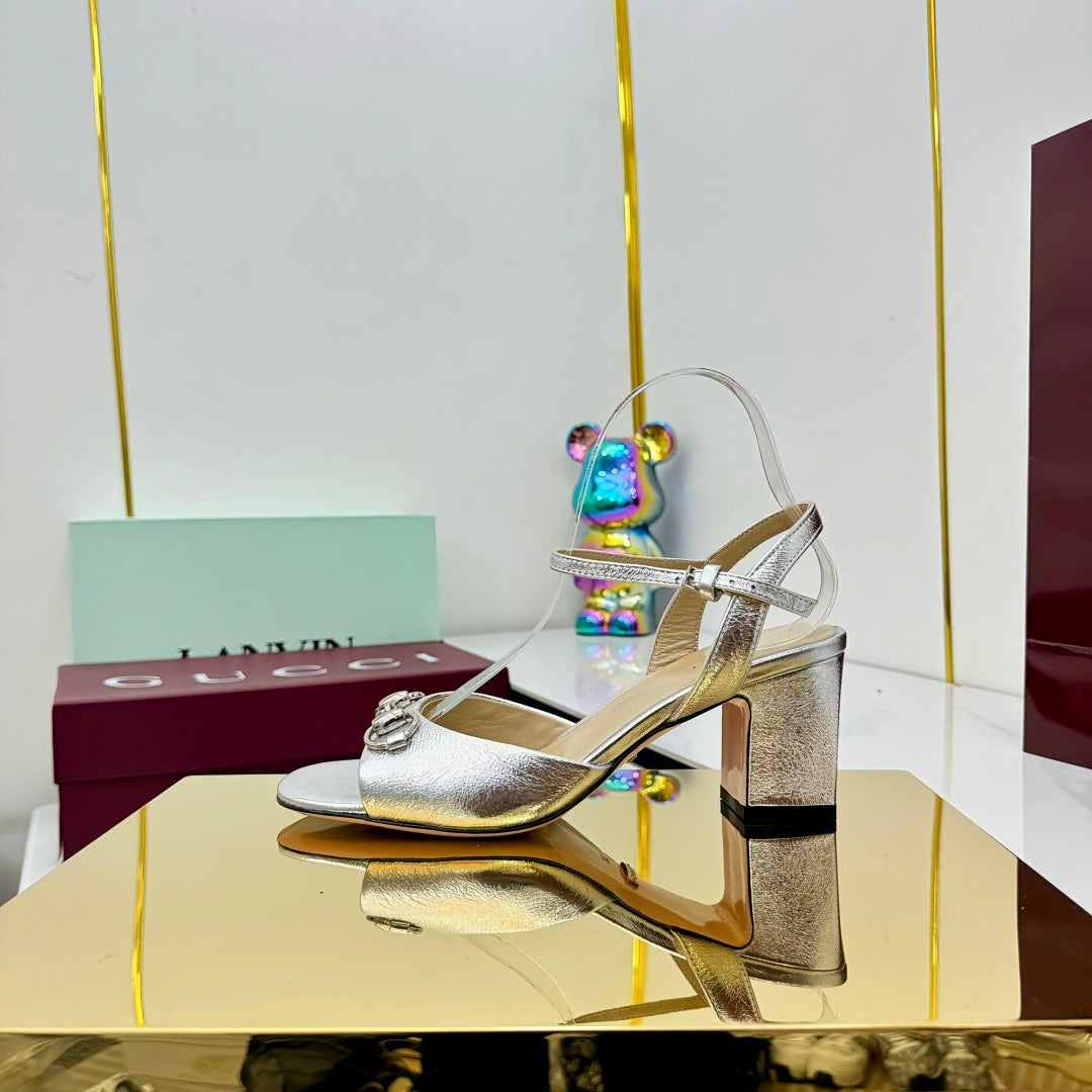 GG HEELED SANDALS 25S 65 MM IN SILVER LAMBSKIN WITH SILVER HARDWARE - 35
