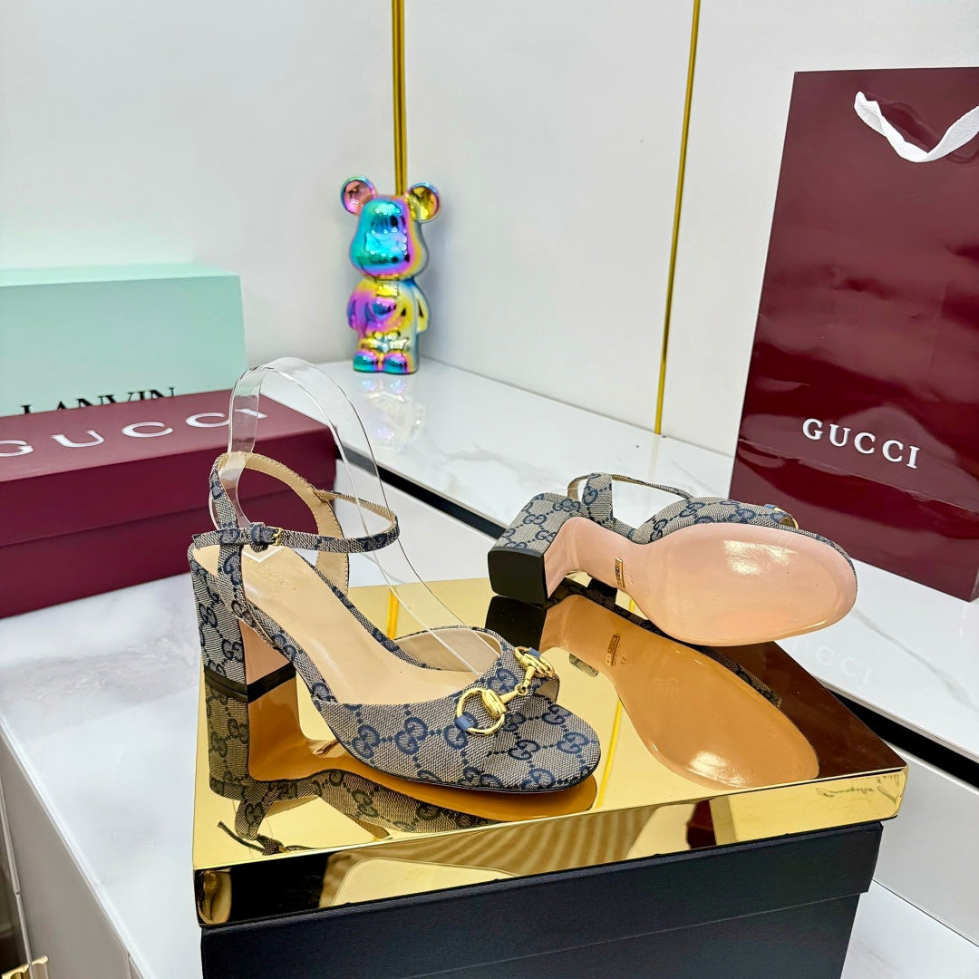 GG HEELED SANDALS 25S 65 MM IN GREY CANVAS WITH GOLD HARDWARE - 35