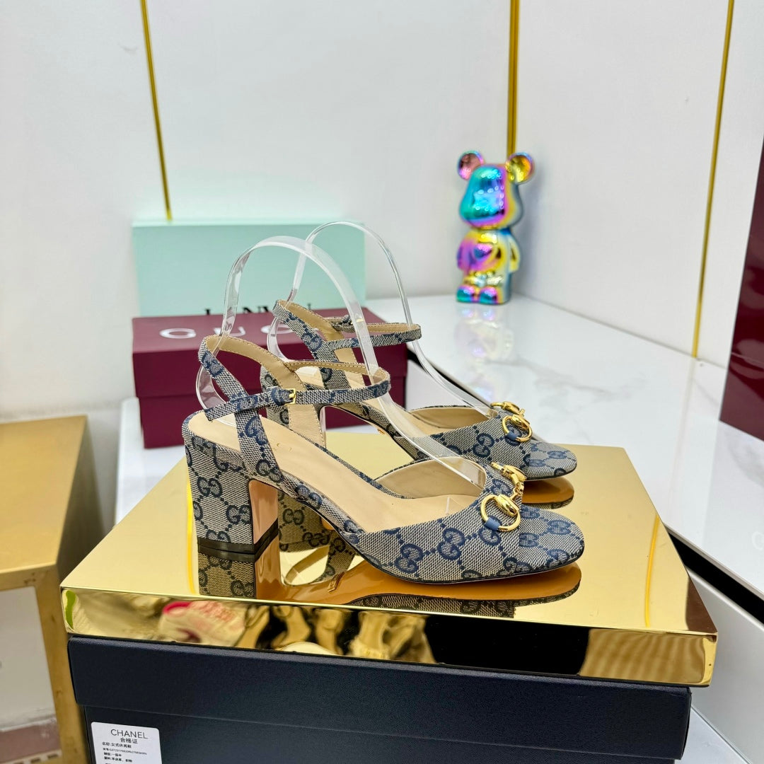 GG HEELED SANDALS 25S 65 MM IN GREY CANVAS WITH GOLD HARDWARE - 35