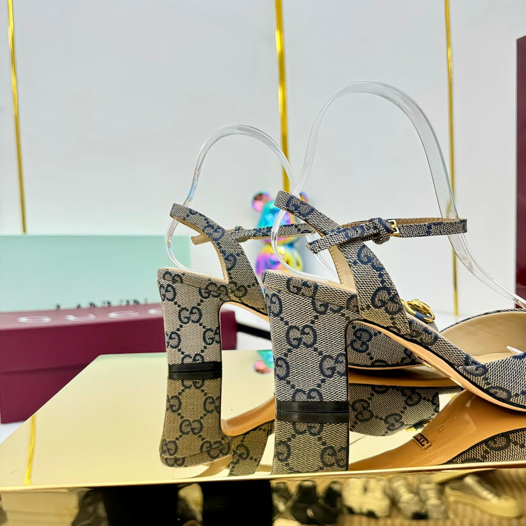GG HEELED SANDALS 25S 65 MM IN GREY CANVAS WITH GOLD HARDWARE - 35