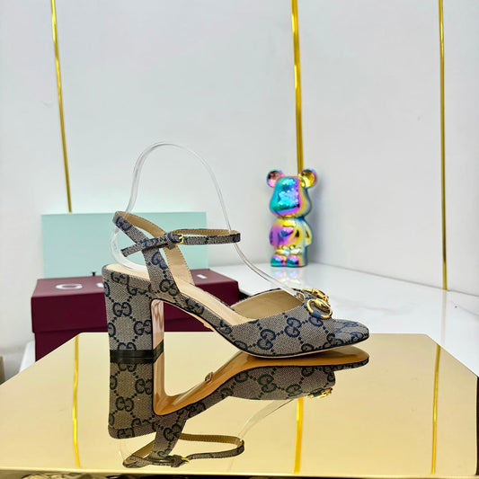 GG HEELED SANDALS 25S 65 MM IN GREY CANVAS WITH GOLD HARDWARE - 35
