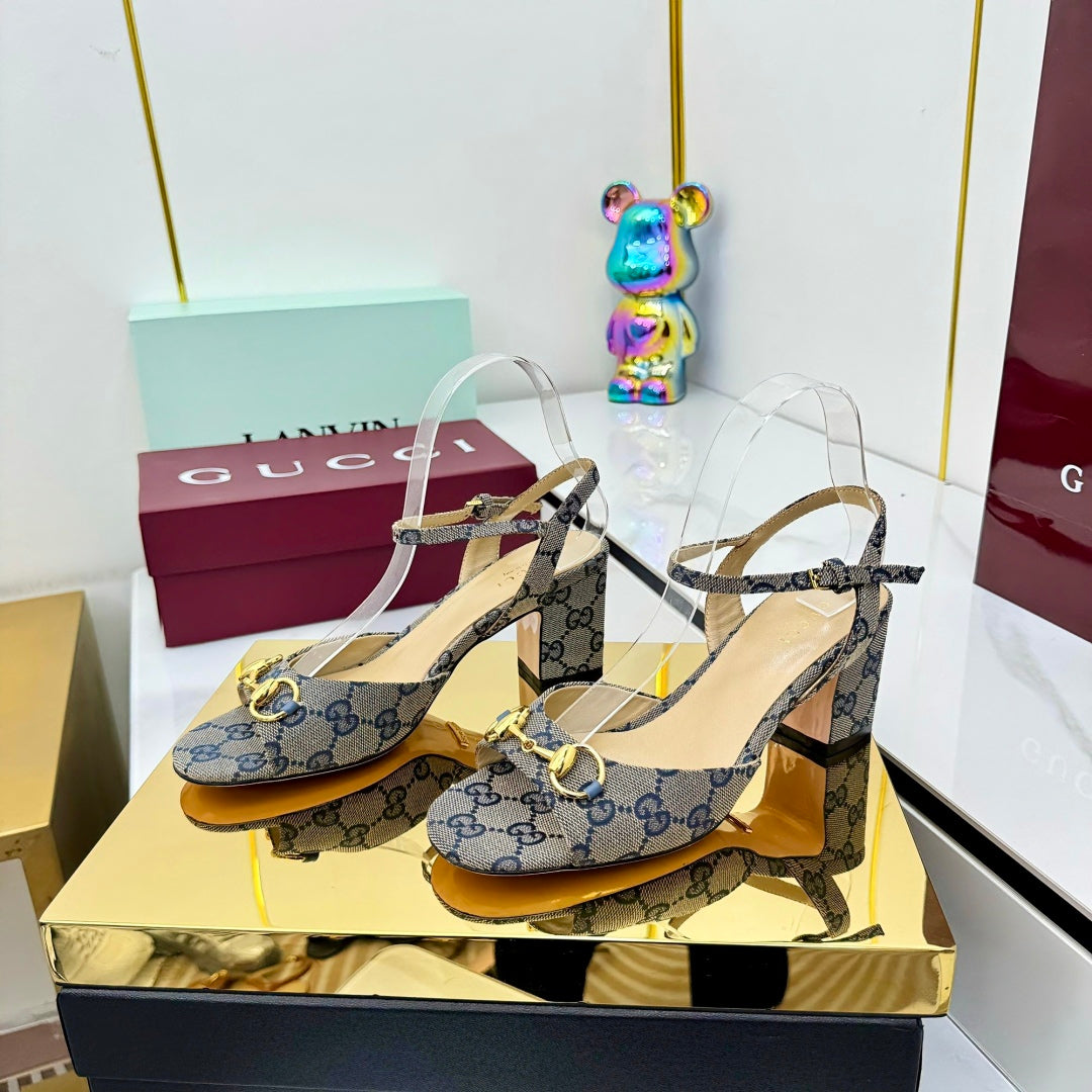 GG HEELED SANDALS 25S 65 MM IN GREY CANVAS WITH GOLD HARDWARE - 35