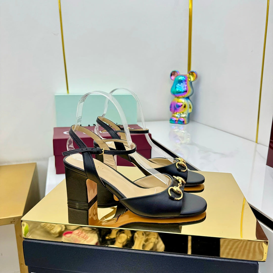 GG HEELED SANDALS 25S 65 MM IN BLACK LAMBSKIN WITH GOLD HARDWARE - 35