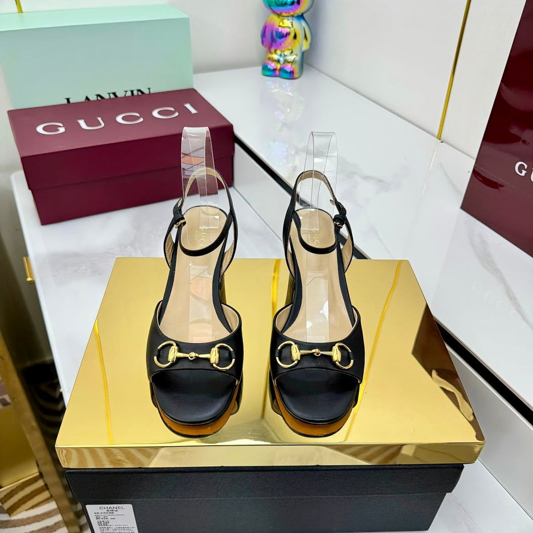 GG HEELED SANDALS 25S 65 MM IN BLACK LAMBSKIN WITH GOLD HARDWARE - 35