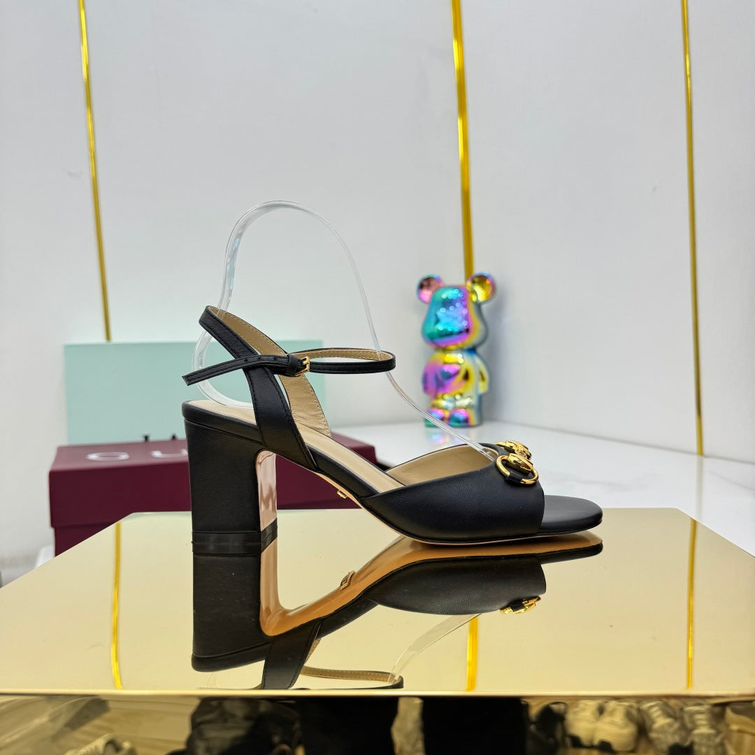 GG HEELED SANDALS 25S 65 MM IN BLACK LAMBSKIN WITH GOLD HARDWARE - 35