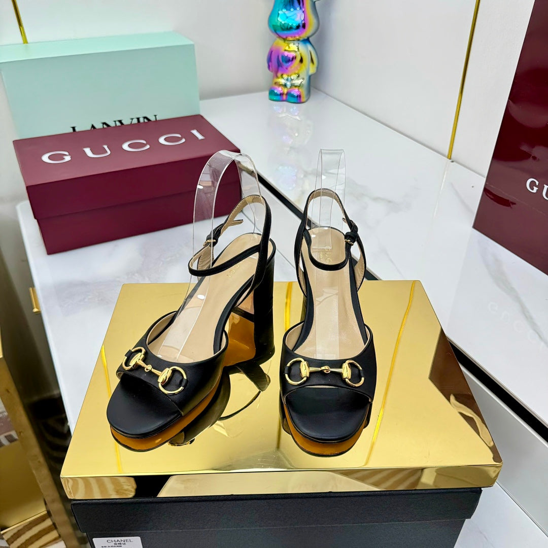 GG HEELED SANDALS 25S 65 MM IN BLACK LAMBSKIN WITH GOLD HARDWARE - 35