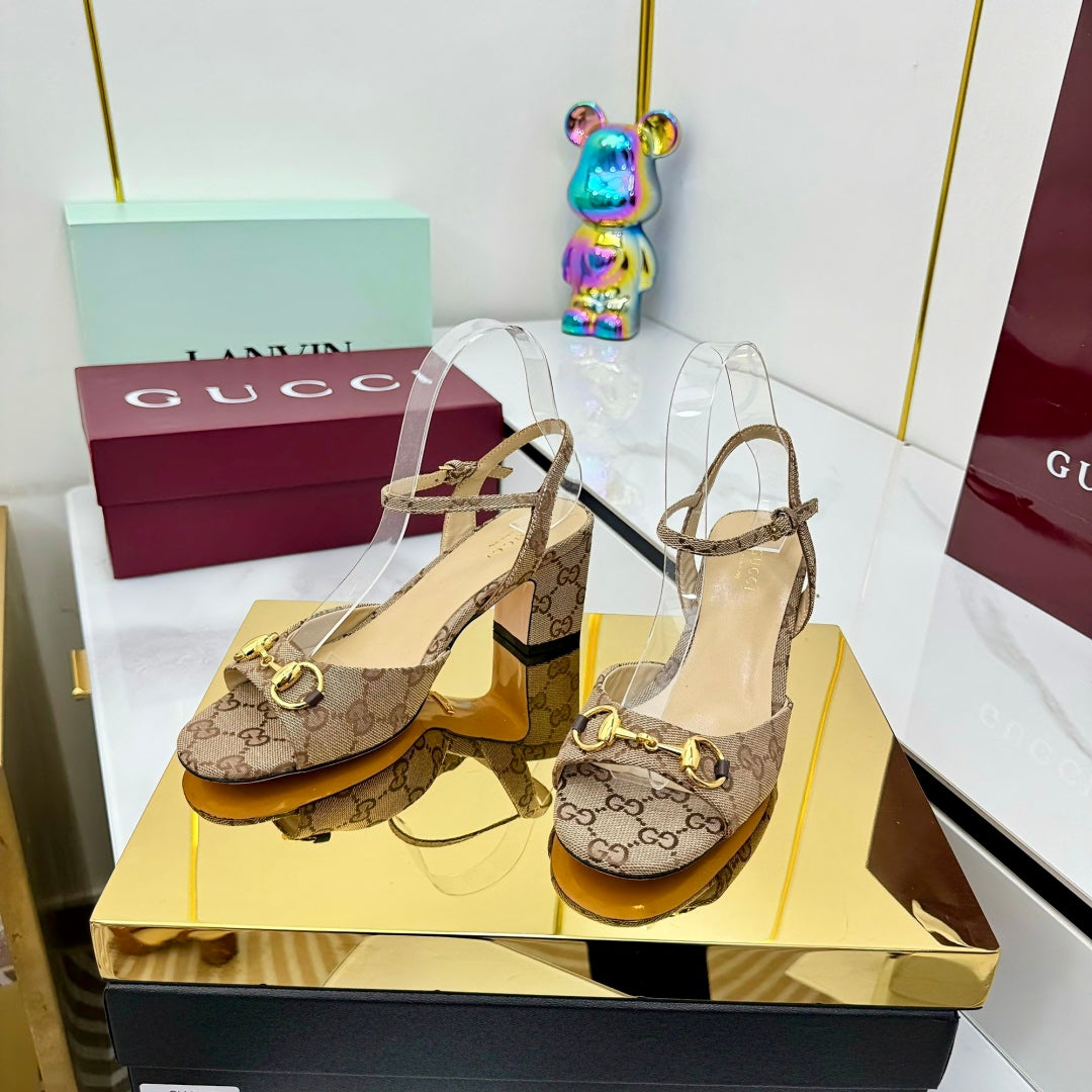 GG HEELED SANDALS 25S 65 MM IN DARK BEIGE CANVAS WITH GOLD HARDWARE - 35