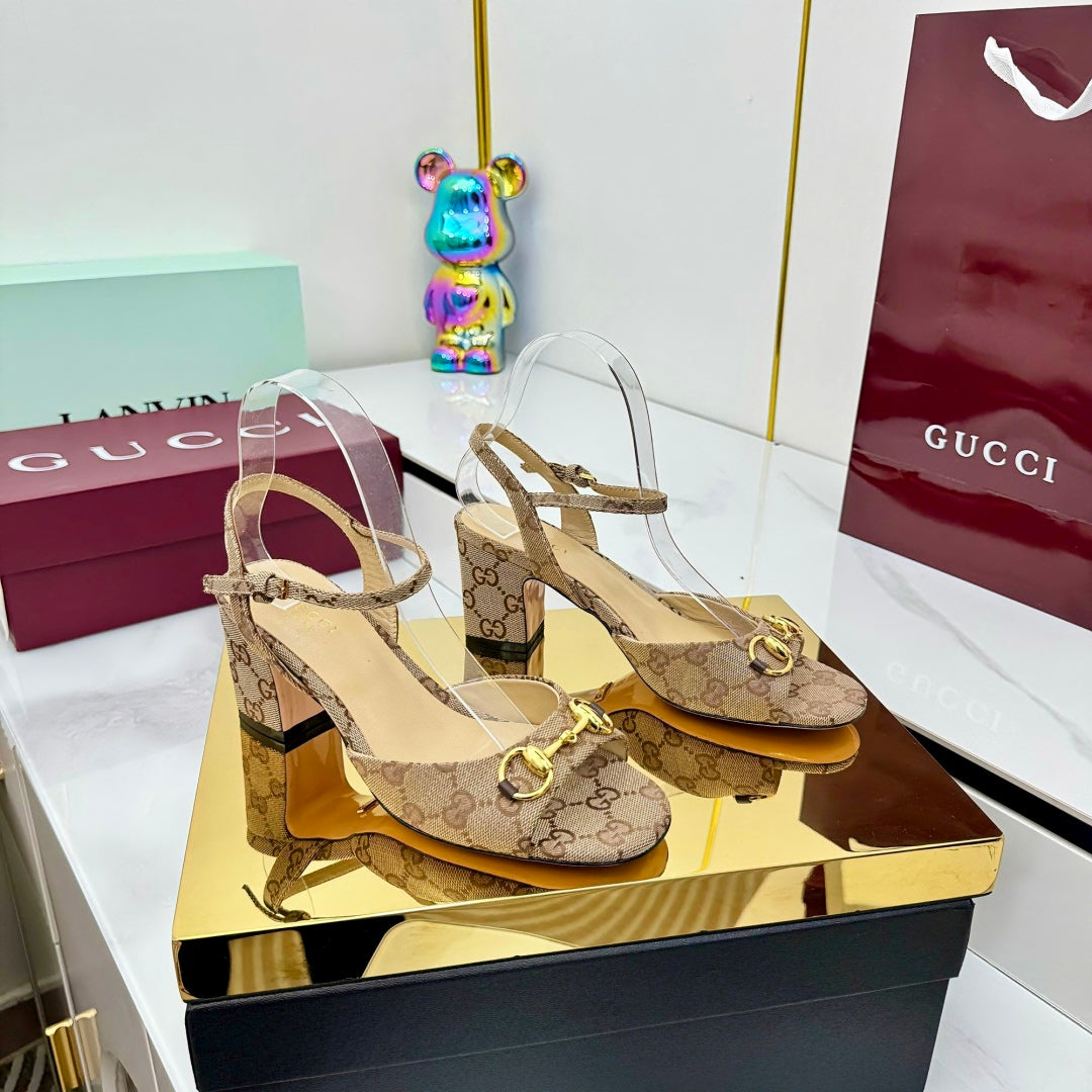 GG HEELED SANDALS 25S 65 MM IN DARK BEIGE CANVAS WITH GOLD HARDWARE - 35