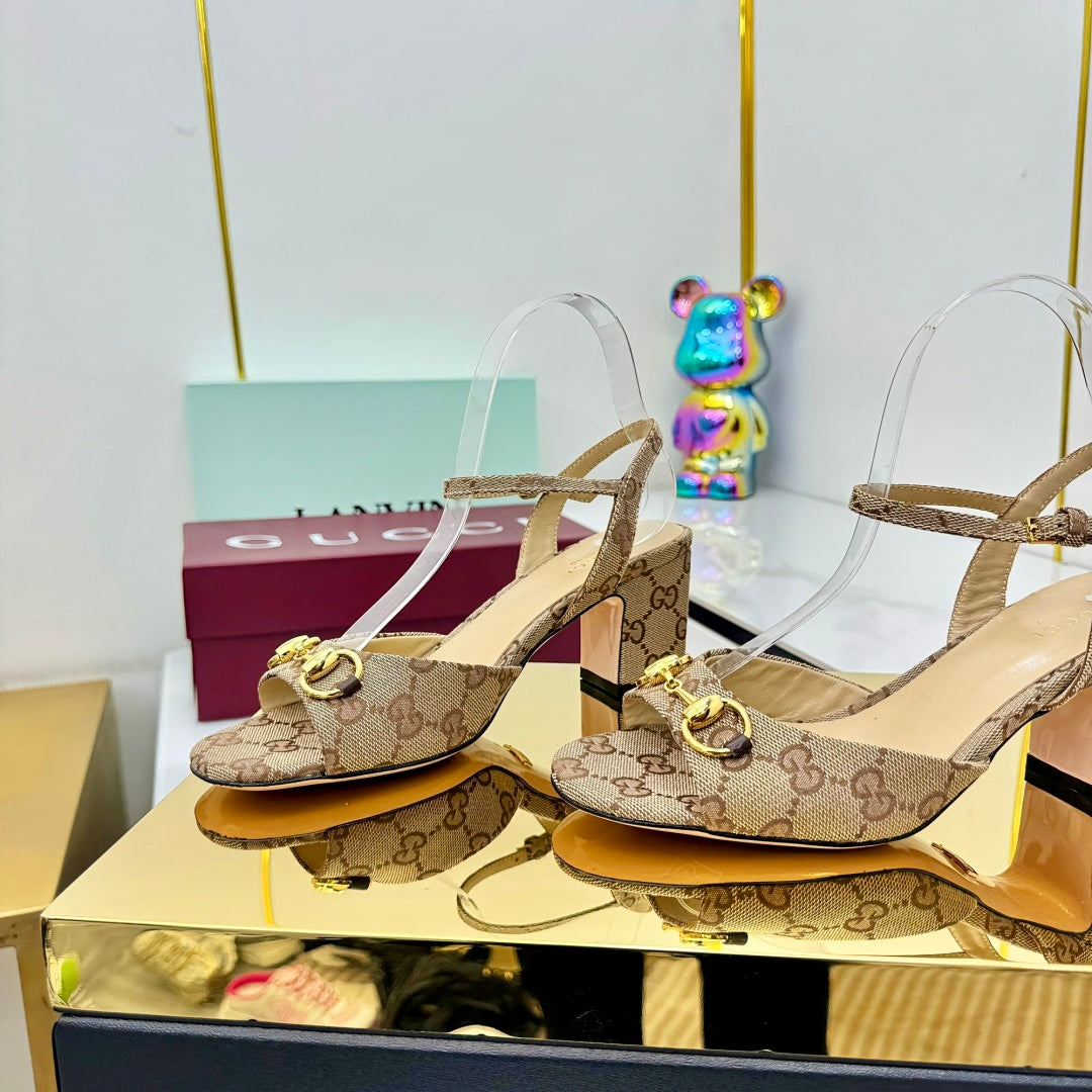 GG HEELED SANDALS 25S 65 MM IN DARK BEIGE CANVAS WITH GOLD HARDWARE - 35