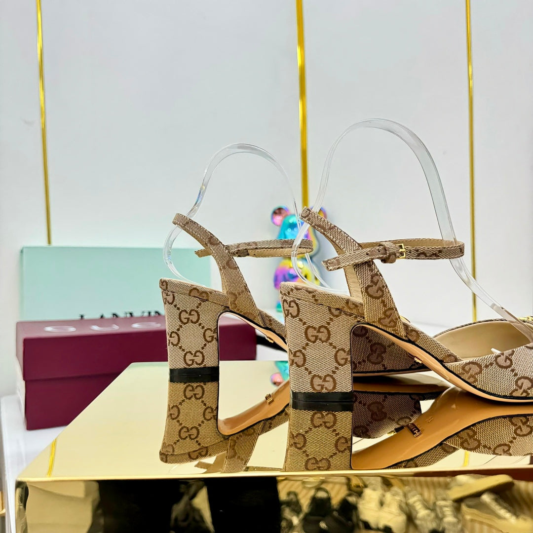 GG HEELED SANDALS 25S 65 MM IN DARK BEIGE CANVAS WITH GOLD HARDWARE - 35