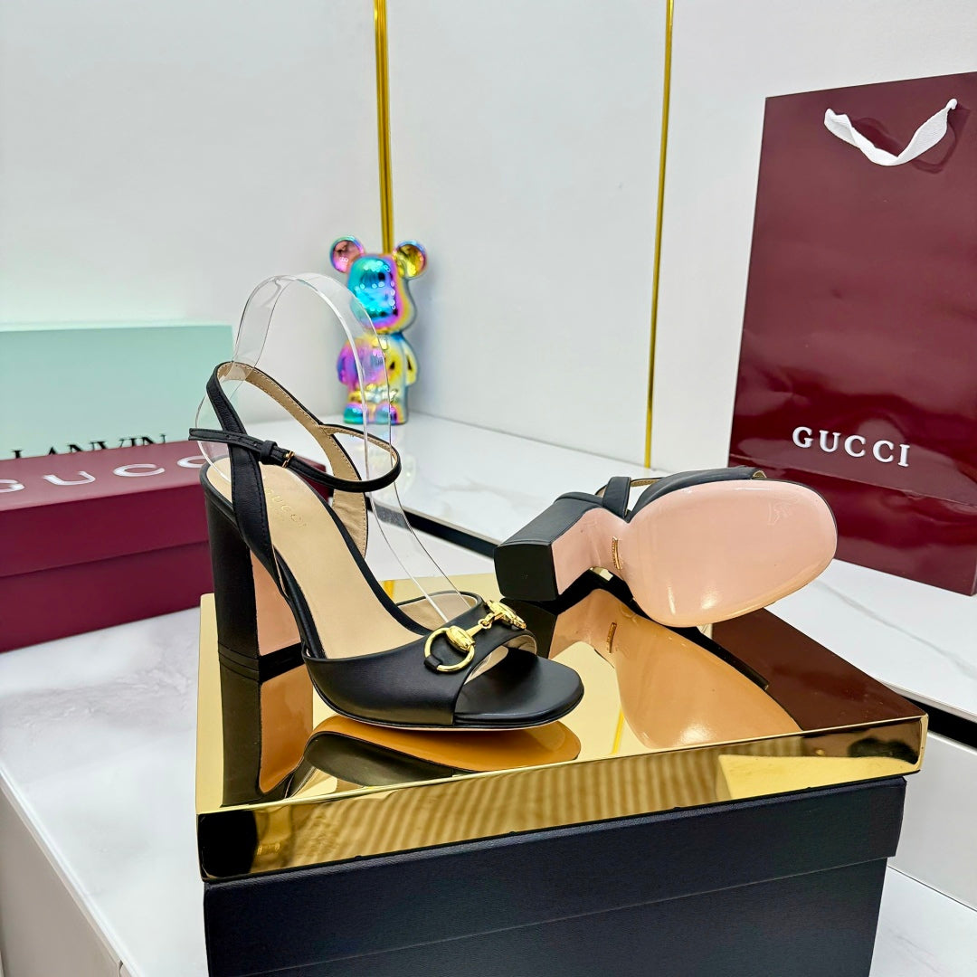 GG HEELED SANDALS 25S 95 MM IN BLACK LAMBSKIN WITH GOLD HARDWARE - 35
