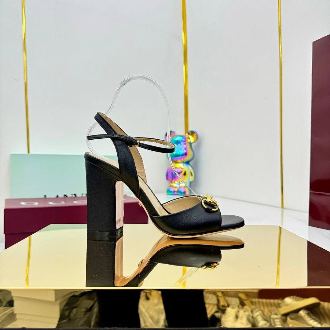 GG HEELED SANDALS 25S 95 MM IN BLACK LAMBSKIN WITH GOLD HARDWARE - 35