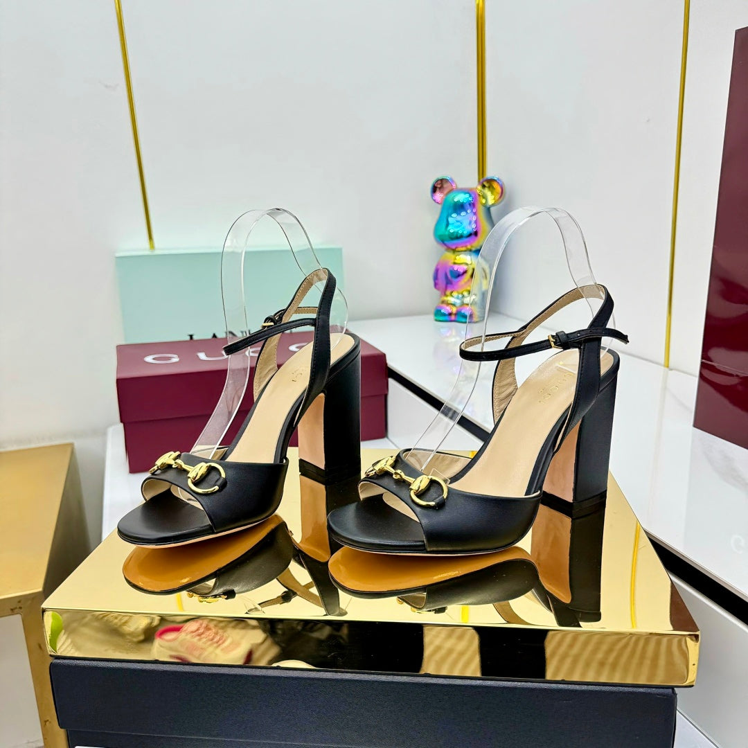 GG HEELED SANDALS 25S 95 MM IN BLACK LAMBSKIN WITH GOLD HARDWARE - 35