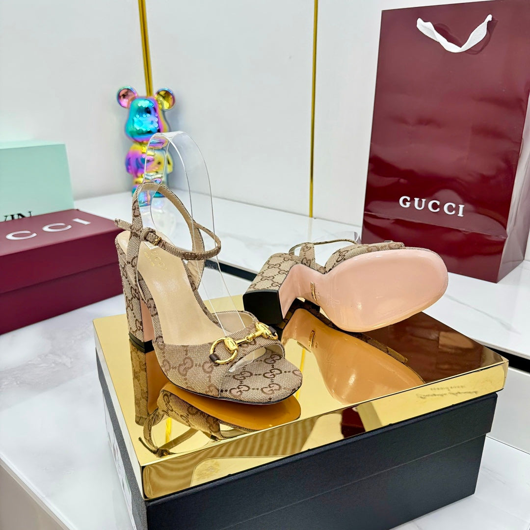 GG HEELED SANDALS 25S 95 MM IN DARK BEIGE CANVAS WITH GOLD HARDWARE - 35