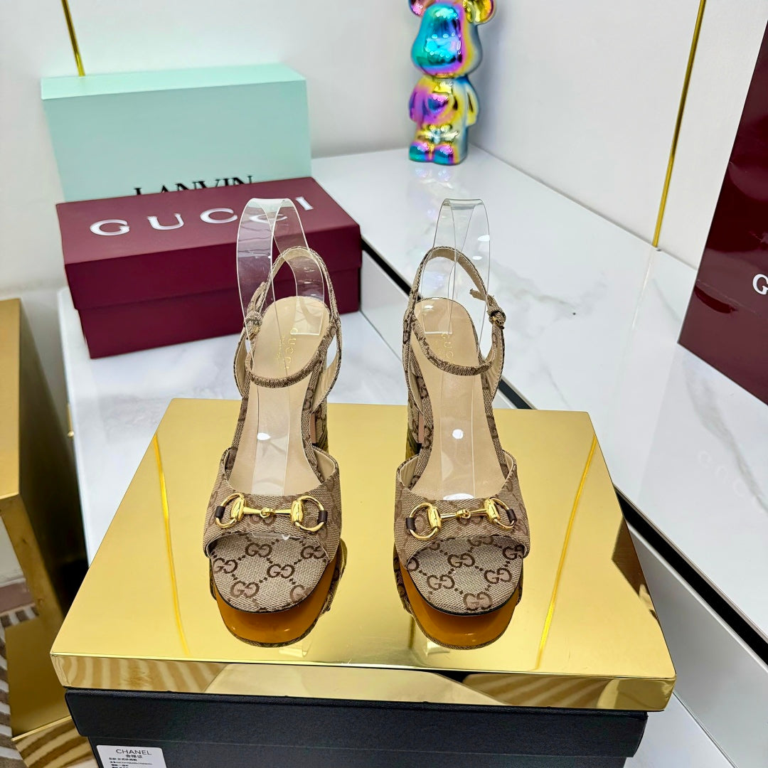 GG HEELED SANDALS 25S 95 MM IN DARK BEIGE CANVAS WITH GOLD HARDWARE - 35