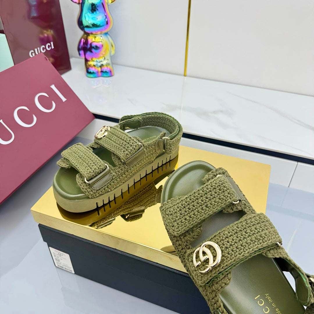 GG SANDALS 25S IN MOSS GREEN CROCHET COTTON FABRIC - 35
