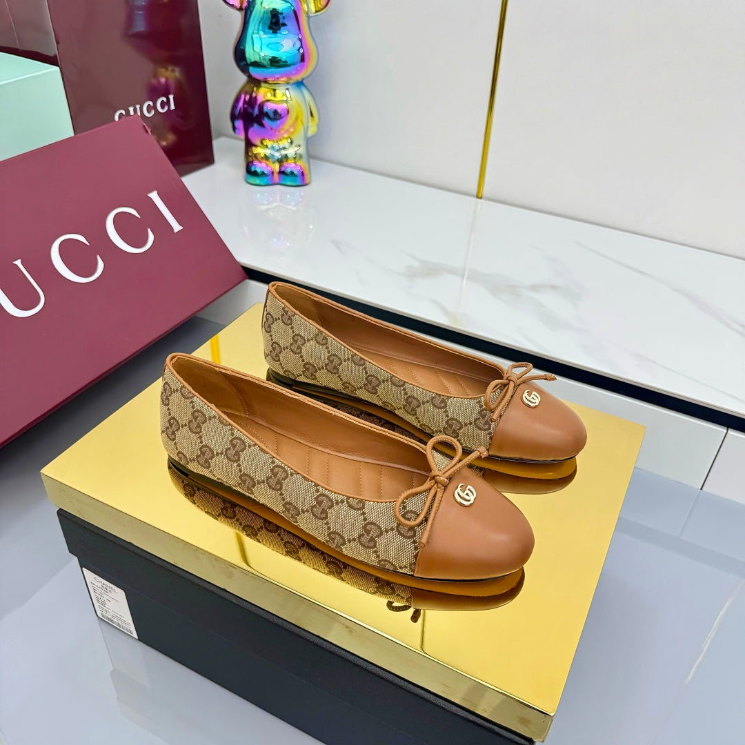 GG BALLET FLATS 25S IN BROWN LAMBSKIN MIX BEIGE CANVAS WITH BOW - 35