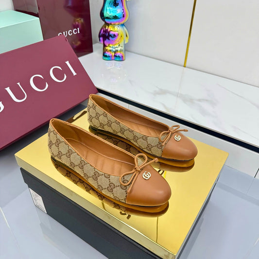 GG BALLET FLATS 25S IN BROWN LAMBSKIN MIX BEIGE CANVAS WITH BOW - 35